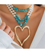 VINTAGE STYLE BIG HEART PENDANT FASHION PEARL TURQUOISE BEADED NECKLACE - $12.99