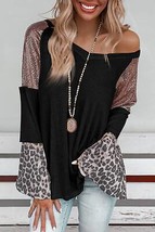 Black Sequin Patchwork Bell Sleeve V Neck Tunic Top - $30.99