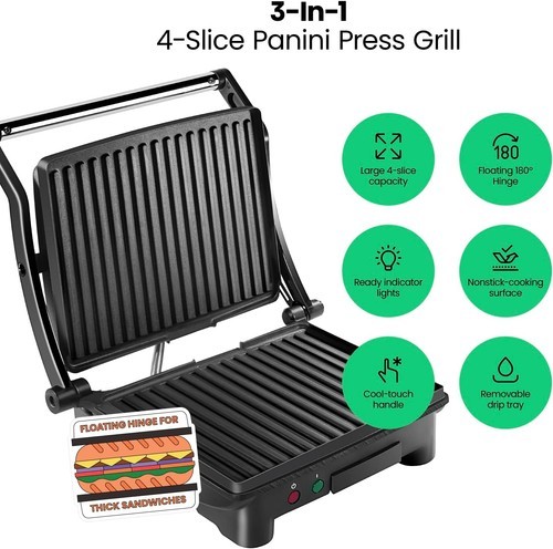 Chefman Panini Press 3 in 1 4 Slice Grill and Gourmet Sandwich Maker - Black Item image 4