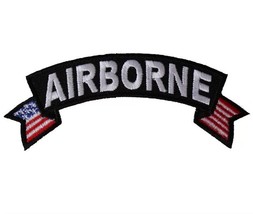AIRBORNE with American Flag 4&quot; x 1.5&quot; iron on Top Rocker patch (6436) (H41) - £4.66 GBP