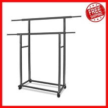 Art Deco Double Rod Garment Rack with Lockable Wheels - Expands for Your... - $63.35