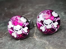 Pink Skull Crossbones Earrings Stud Tattoo Cute Goth Girly Metal Rock Unisex - £3.93 GBP
