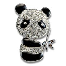 PANDA BROOCH 1.5" Cute Panda Bear Pin Sparkling Crystal Black Enamel Rhi... - $2.95