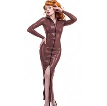 An item in the Fashion category: Brown n Shiny "Wet Look" Faux Latex Leather Zip Up Long Trench Rain Coat Jacket 