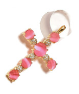 Pink Quartz Gemstone Yellow Gold Plated Handmade Artisan Designed Cross ... - $220.89 MXN