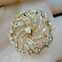 Earth mined Diamond Antique Brooch Nouveau 14k Gold Pearl Floral Pendant - $772.20