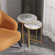 Round Modern Nesting Coffee Set of 2 Stacking Accent Sdie End Table White Marble - £96.78 GBP