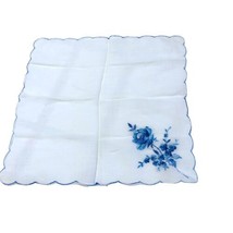 Vintage Hankie White Sheer Embroidered Blue 9x9 Rose Handkerchief Hankie - $13.85