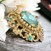 Vintage Coro  Blue Rhinestone Gem Gold finish Pin / Brooch  Missing Pearls - $23.12