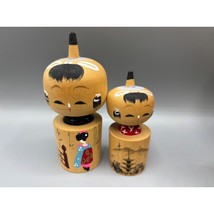 Vtg Japanese Kokeshi Dolls Wood Carved Hand Painted Pair Collectible - $34.53