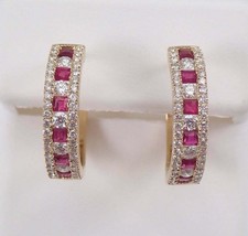 4.25Ct Princess Cut Ruby &amp; Diamond Studded Hoop Earrings 14k Yellow Gold Over - £70.39 GBP