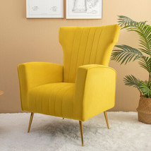 Velvet Accent Chair, Wingback Arm Chair with Gold Legs - Yellow - £146.14 GBP
