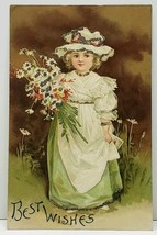 Best Wishes Adorable Girl with Flowers Embossed Glitter Decorated Postcard J7 - £7.15 GBP