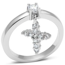 14k White Gold Plated AAA Grade Clear CZ Dangling Cross Charm Ring Size 5-8 - £39.38 GBP