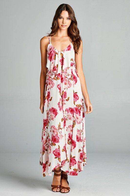Primary image for Flirty Boho Ivory Pink Floral Spaghetti Side Lace-up Party Cruise Maxi Jr Dress