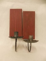LOT OF 2 ANTIQUE WOOD AND METAL TIN HANGING WALL SCONE CANDLESTICK HOLDER - $26.72