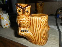Owl On Tree Branch Toothpick Holder Ceramic Brown Vintage - £7.19 GBP
