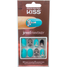 NEW Kiss Nails Jewel Fantasy Press Glue Manicure Medium Oval Blue Black Gems - £11.70 GBP