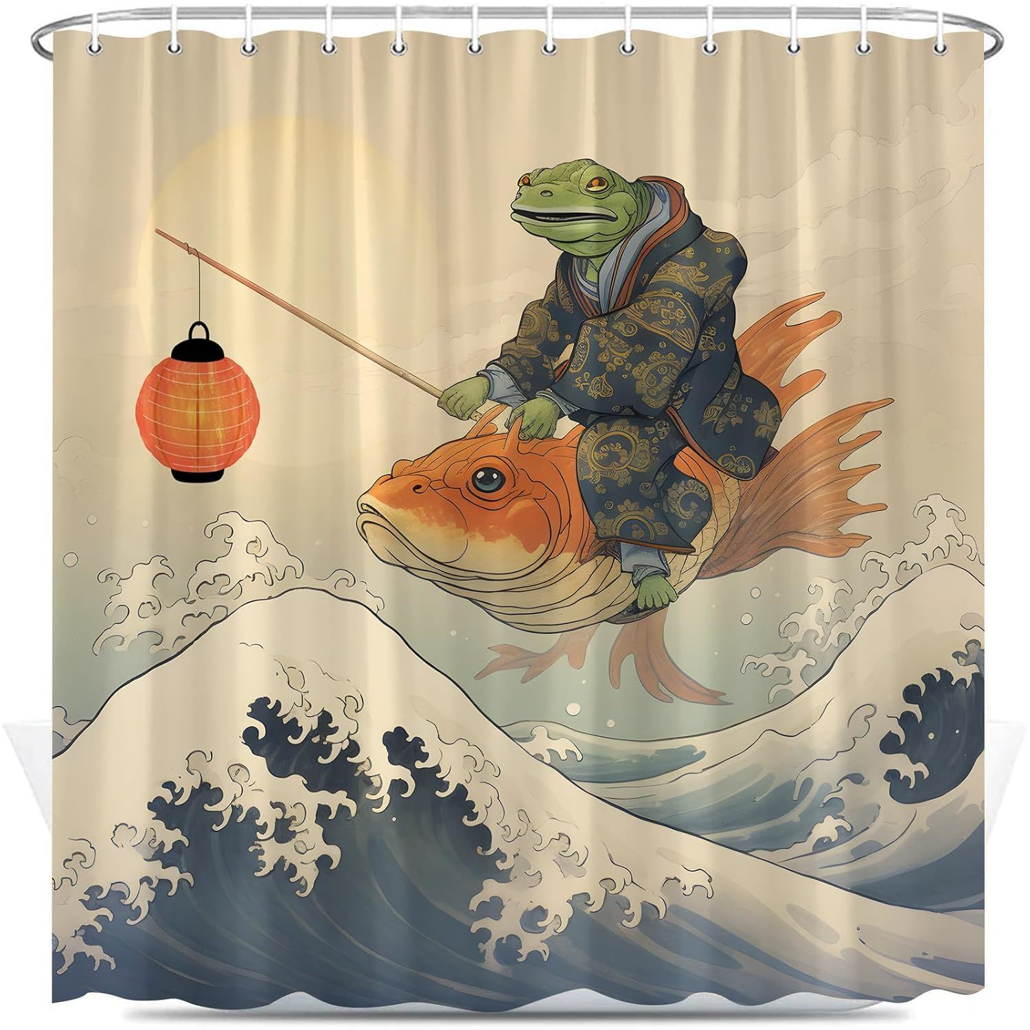 Funny Shower Curtain Frogs Holding Lantern Sitting On Koi Fish Big Waves Japanes