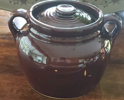 Vintage Ceramic Bean Pot ~ Side Handles ~ Lid ~  Brown Glazed ~ USA ~ 7" x 8.5" Item image 8