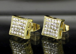Mens Iced CZ Earrings 9mm Studs Push Back 14k Gold Plated Hip Hop Jewelry - £6.52 GBP