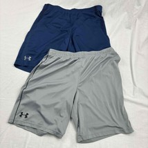 2 Pair Under Armour Mens Athletic Shorts Gray &amp; Blue Logo Elastic Waistband XL - £14.01 GBP