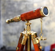 NauticalMart Antique Brass Leather Telescope With Wooden Stand Tripod - $80.00