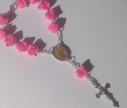Soft Pink Ceramic Rose Flower mini Rosary with Our Lady of Guadalupe - New - $5.45