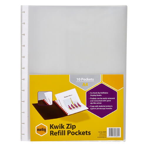 Marbig Display Book Refill Pockets 10pk (A4) - Kwik Zip - $16.96