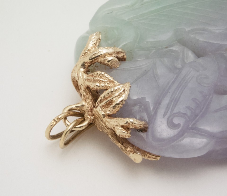 LARGE 45g CARVED JADE 14K GOLD PENDANT LAVENDER GREEN  NECKLACE 2.75” MINT Item image 5