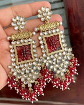 Bollywood Style Gold Plated Indian Fashion Kundan Maroon Earrings Jewelry Set - £22.31 GBP