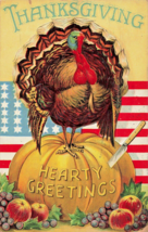 Turkey Stands On PUMPKIN-HEARTY GREETINGS-THANKSGIVING 1911 Embossed Postcard - £5.51 GBP