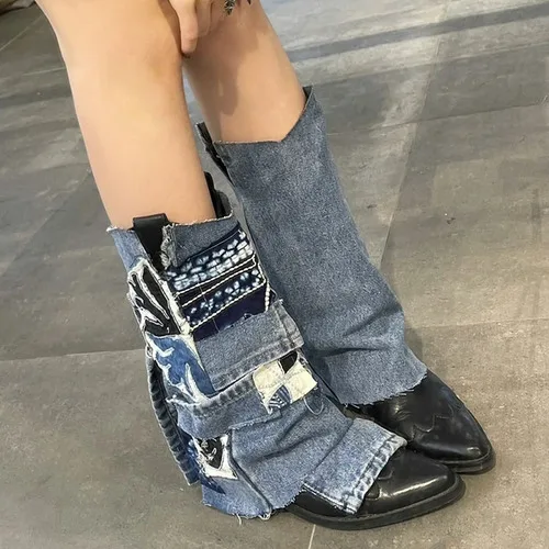 Omens pointed toe denim jeans mid calf boots flats western chelsea shoes cowboy pull on thumb200