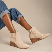 TOMS Sadie Suede Wedge Leather Comfort Bootie, Ortho, Beige Tan, Size 9 NWT - $73.87