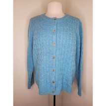 Vintg Women&#39;s Sweater Blue Cable Knit Cardigan L Wool Cozy Grannycore Prarie - £14.87 GBP