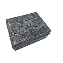 Antique Japanese Tobacco Humidor Desk Box Pagoda Raised Relief Silver Me... - $93.28