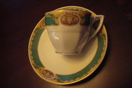 Grindley England Georgian pattern coffee cup &amp; saucer, green/gold &amp; flowers [68] - £39.90 GBP