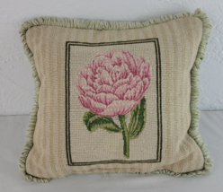 Waverly Floral Needlepoint Pillow Pink Peony Fringe  Stripe Cream 14&quot; Sq... - $28.95