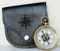 Solid Brass Golden Magnetic Pocket Compass With Black Leather Case Great Gift - £36.20 GBP