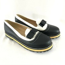 Womens Slip On Loafers Rockabilly Retro Faux Leather Bow Black White Siz... - £15.13 GBP