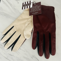 Henri Bendel Leather Cashmere Driving Tech Finger Gloves, Burgundy/White... - $129.97