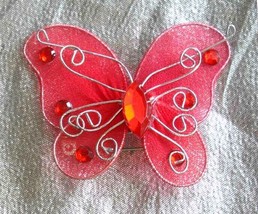 Rhinestone &amp; Red Nylon Mesh Silver-tone Wire Butterfly Brooch 1960s vint... - £9.63 GBP