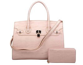 Designer Style Rose Gold Luxury Lock Satchel Handbag and Wallet Set - £73.94 GBP