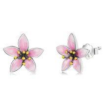 WOSTU 925 Silver Pink Cherry Blossom Small Cute Stud Earrings For Women Fashion  - £16.99 GBP