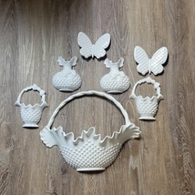 Vintage Hobnail White Burwood Baskets, Vases, Butterflies Wall Set - $48.00