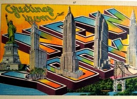 Greetings From New York Postcard Empire Liberty Large Letter Gothic Buildings - £47.41 GBP
