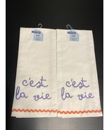 LOT of 2 Kitchen C’est La Vie Tea Towels Embroidered Set FUN Purple Pink... - $19.77