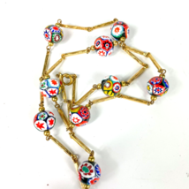 Vintage Venetian Glass Millefiori Round Beads Necklace Gold Tone Bars Chain - £27.48 GBP