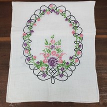 Vintage Embroidery Table Runner Hand Stitched Purple Pink Flowers 39x11.5 Inch - $19.64