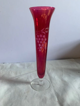 Vintage Cranberry Etched cut glass bud vase 9.75 inch tall - £14.18 GBP